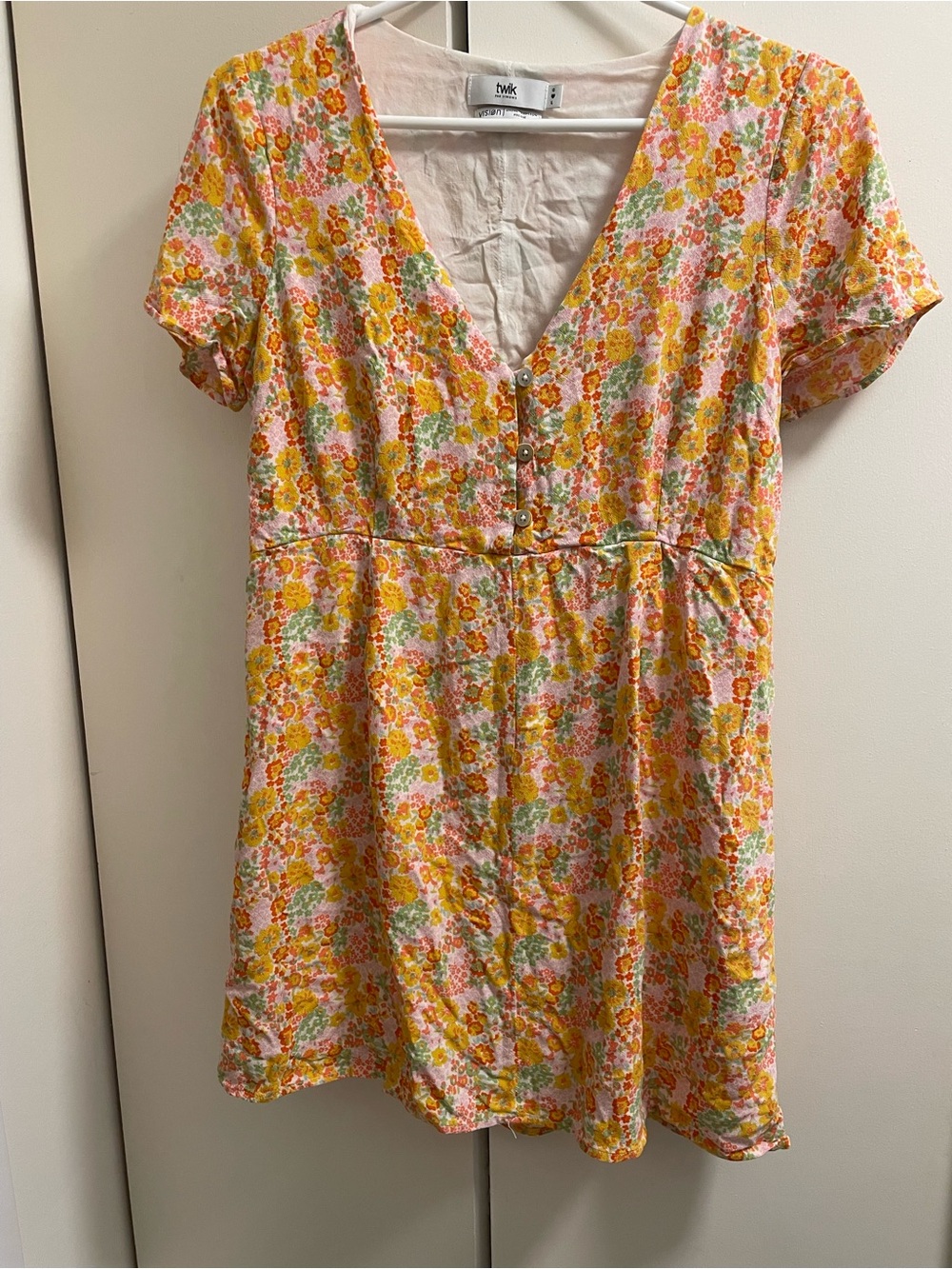 Simons Twik Yellow & Pink Floral V-Neck Mini Dress